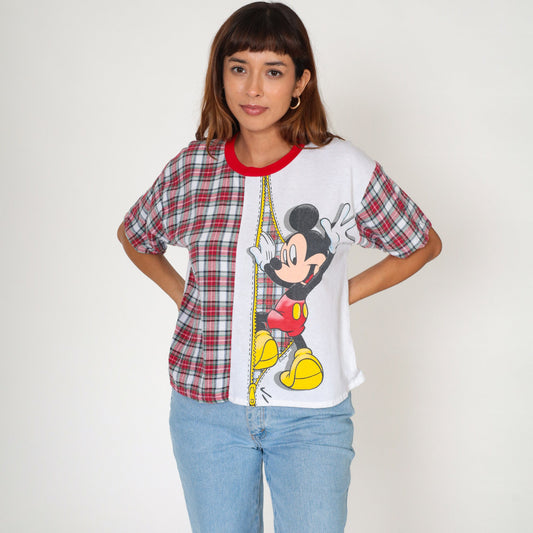 90s Mickey Mouse Ringer T-Shirt Plaid Graphic White Red Small S