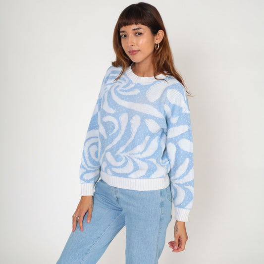 80s Baby Blue White Swirl Abstract Knit Crewneck Sweater Small