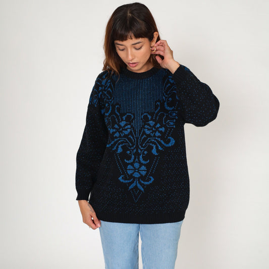 80s Metallic Floral Knit Sweater Black Blue Sparkly Pullover Medium M