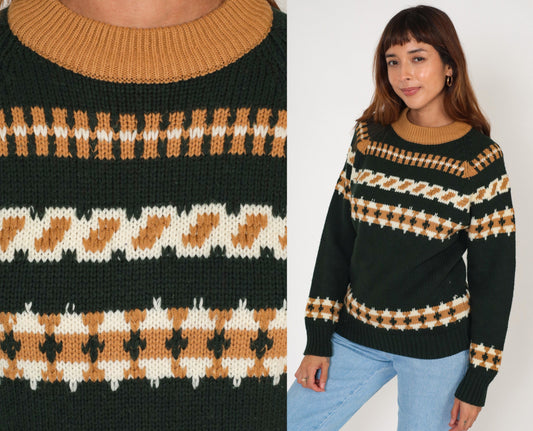 70s Sigallo Geometric Striped Pullover Sweater Green Ringer Crewneck Medium M