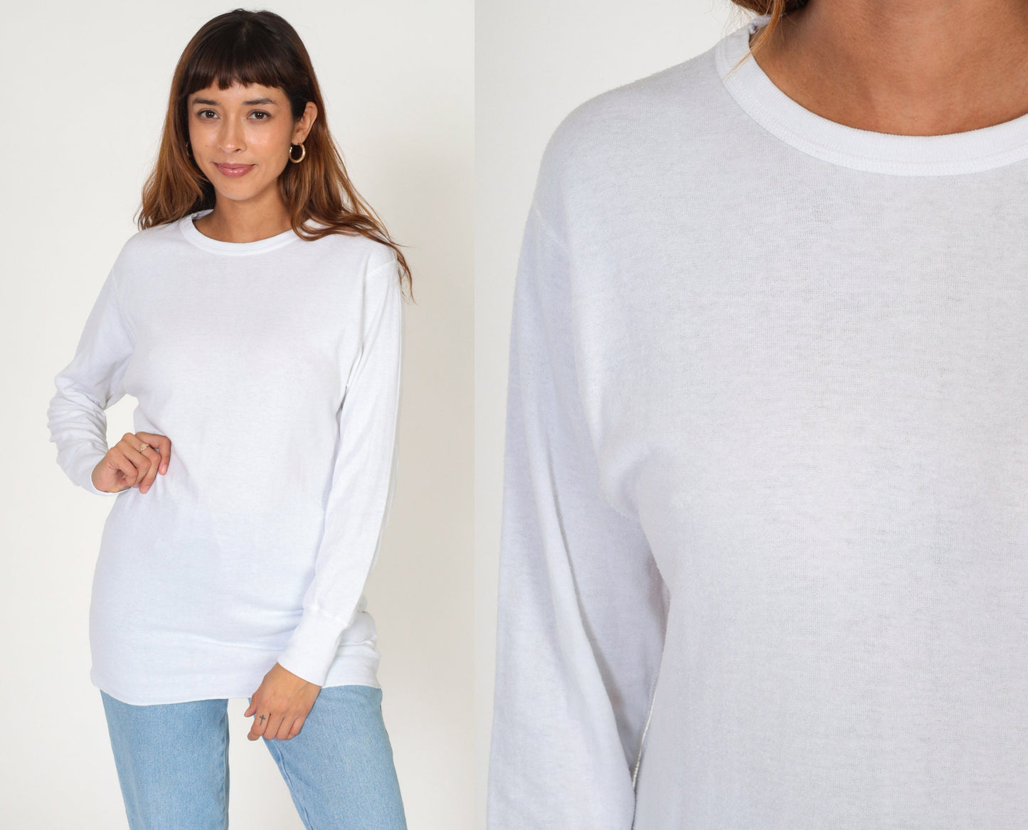 90s Plain White Long Sleeve Crewneck Tee Cotton Blend Medium