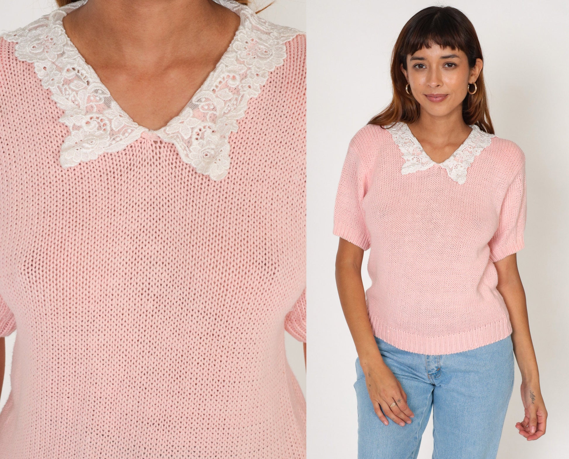90s Baby Pink Knit Top Lace Granny Collar Short Sleeve Small
