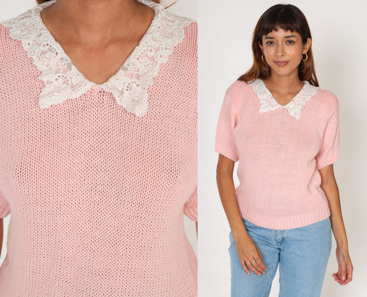 90s Baby Pink Knit Top Lace Granny Collar Short Sleeve Small