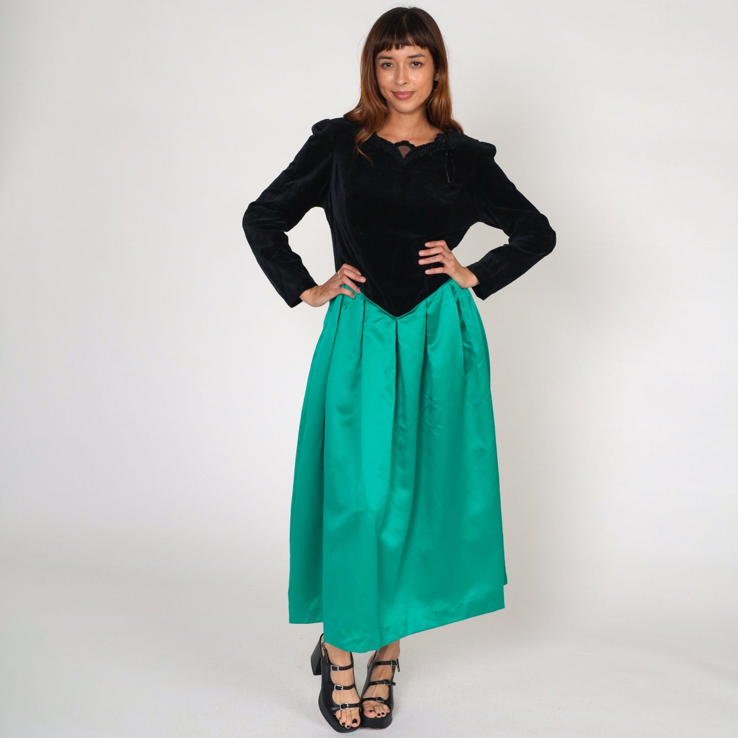 80s Susan Bristol Velvet Maxi Dress Black Green Basque Waist Long Sleeve Medium