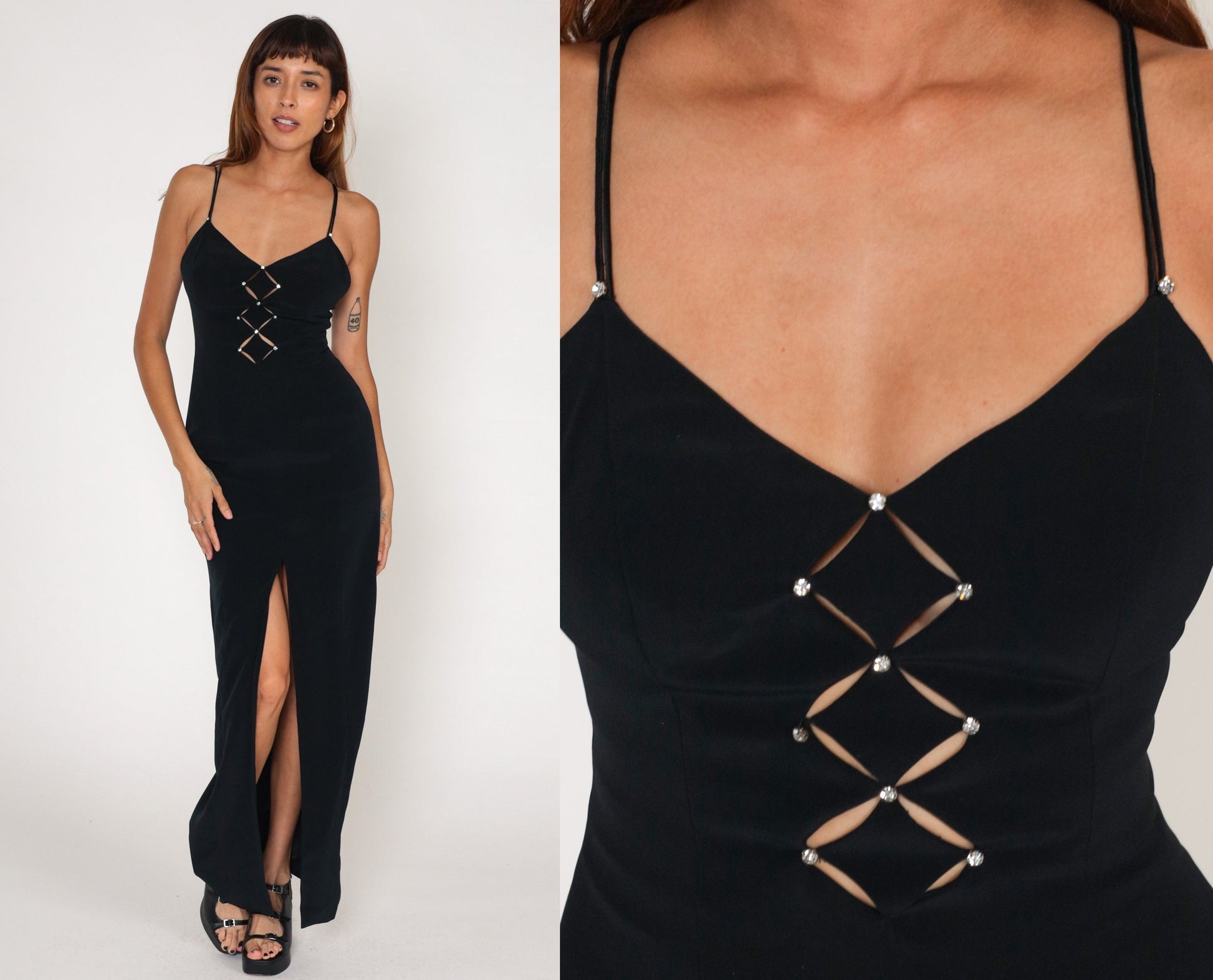 90s Black Maxi Dress Rhinestone Cutout High Slit Sleeveless Evening Gown Extra Small XS