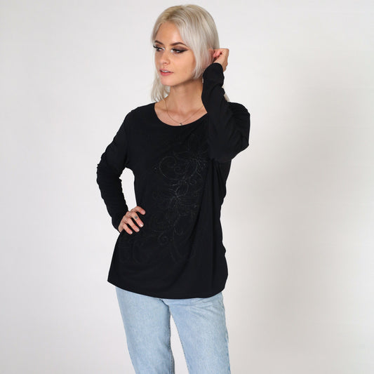 00s Black Floral Beaded Long Sleeve Blouse Y2K Sparkly Shirt Small S
