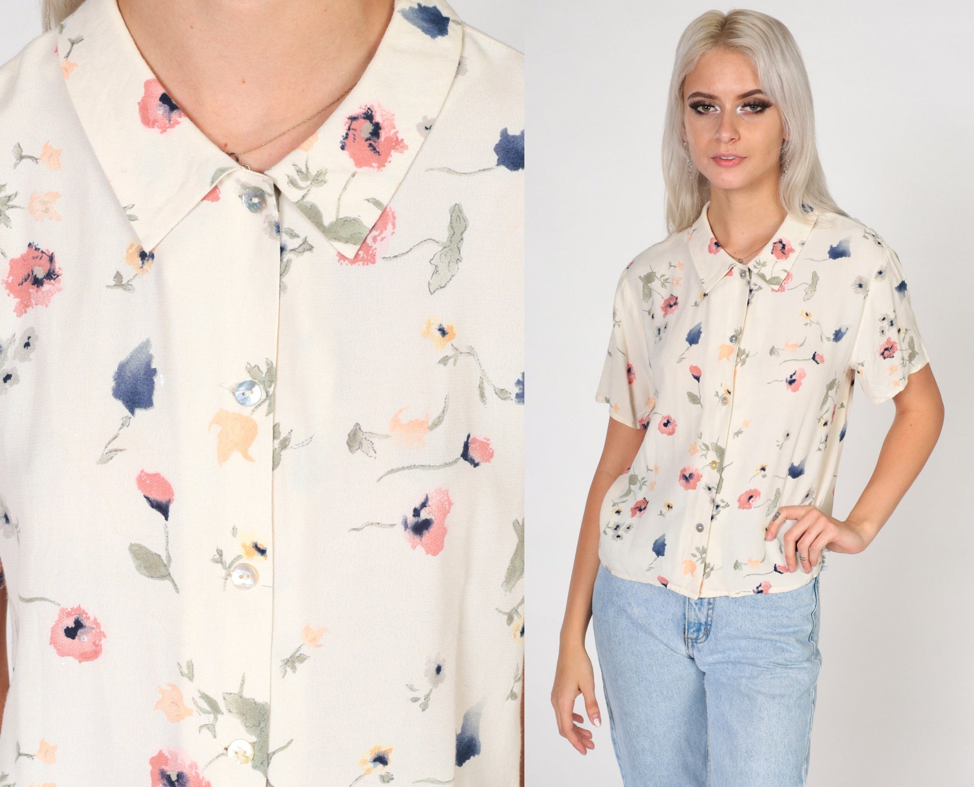 90s Cream Watercolor Floral Button-Up Blouse Short Sleeve Collared Petite Small