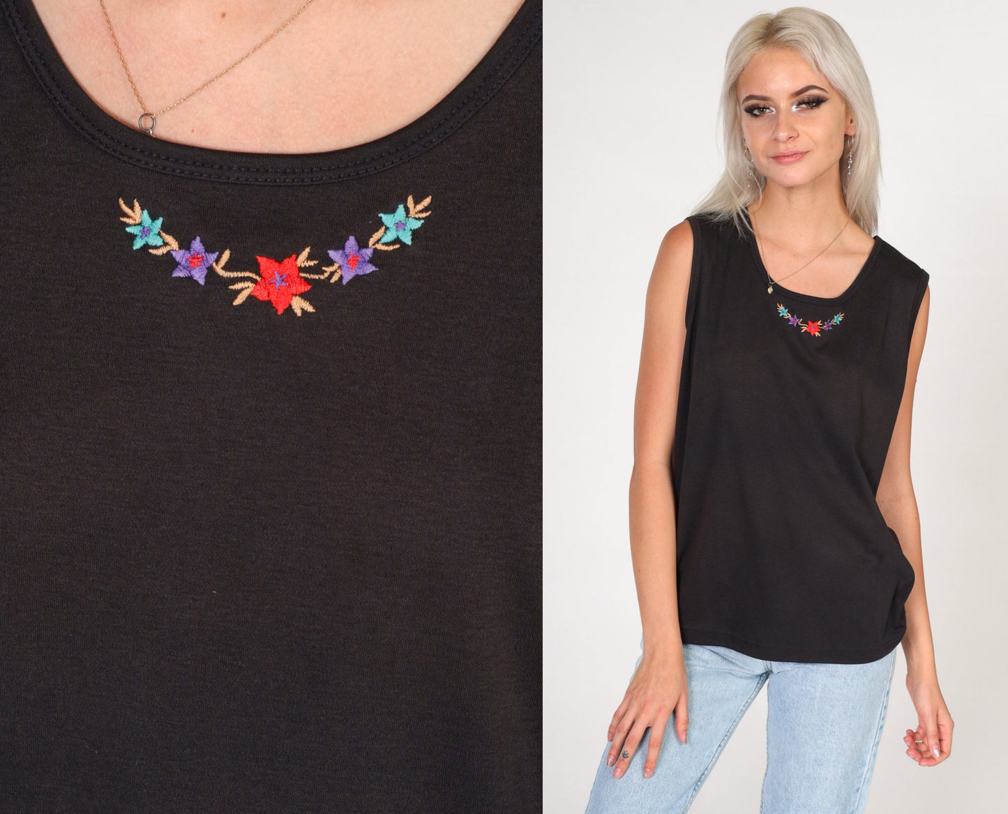 90s Black Floral Embroidered Tank Top Scoop Neck Sleeveless Medium