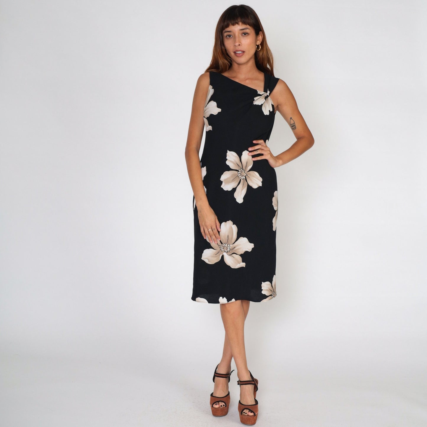 90s Black Floral Dress Asymmetrical Neckline Sleeveless Knee Length Large L