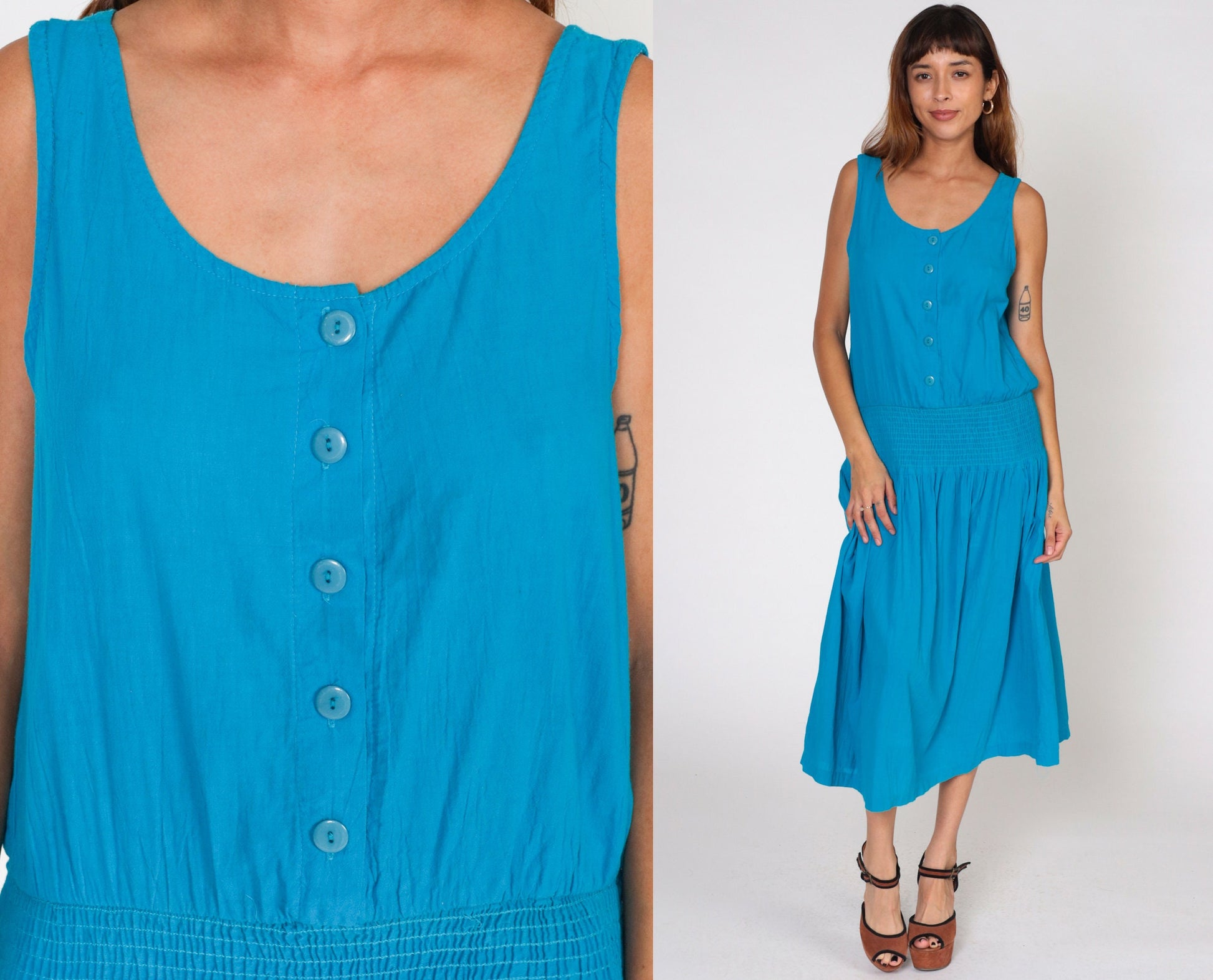 80s Blue Midi Sundress Sleeveless Button-Up Smocked Waist Medium M