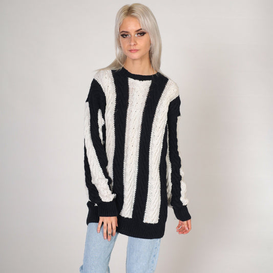 80s Black & White Striped Cable Knit Sweater Crewneck Pullover Medium Large