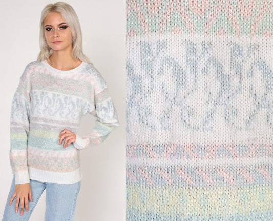80s Helium Pastel Striped Abstract Knit Sweater White Crewneck Small