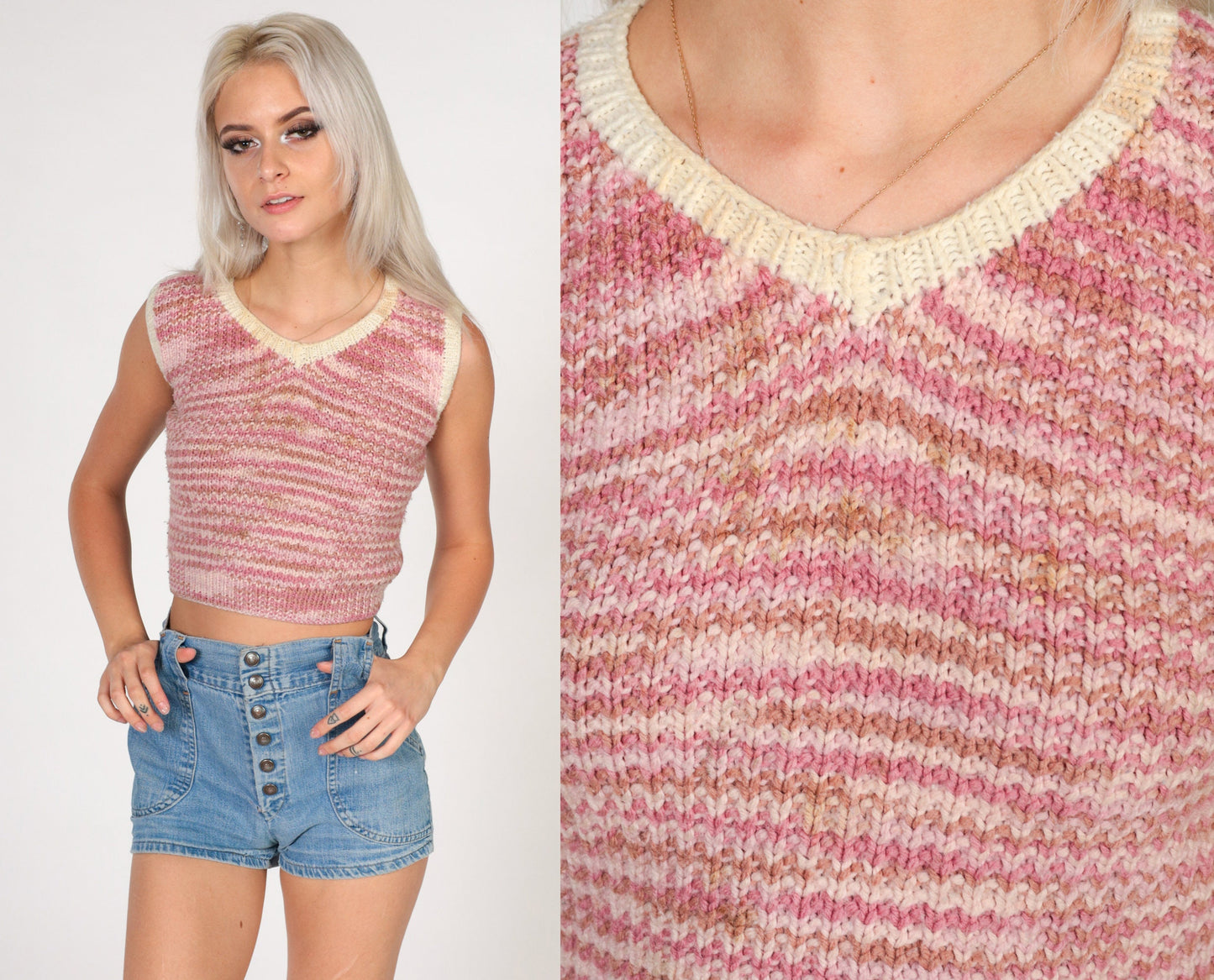 70s Striped Knit Sweater Vest Pink Pullover V-Neck Crop XXS