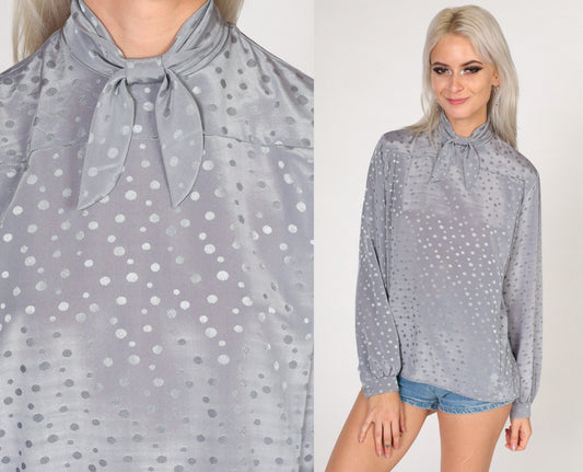 80s Grey Ascot Blouse Embossed Polka Dot Long Sleeve Shiny Neck Tie Top Medium
