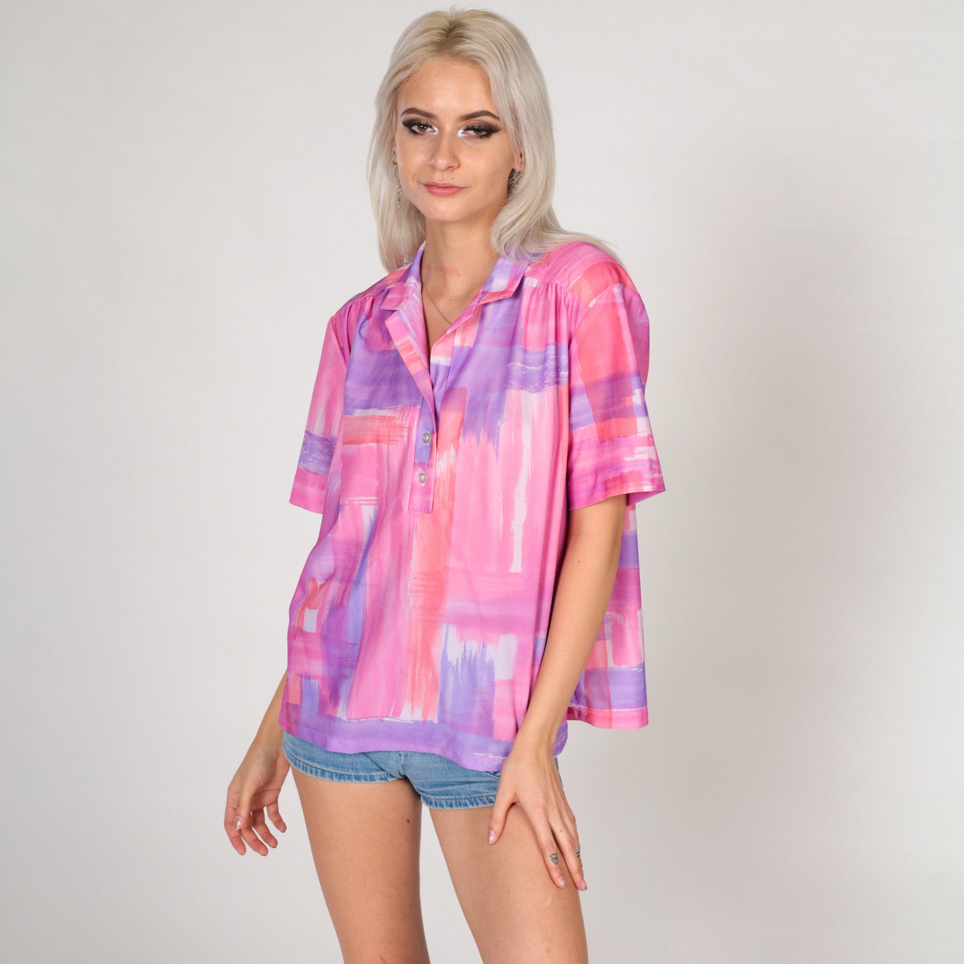 70s Brushstroke Print Collared Blouse Pink Purple Half Button V Neck Extra Large