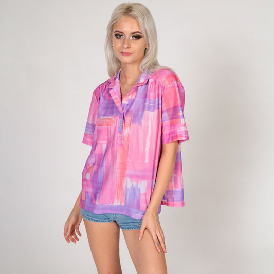 70s Brushstroke Print Collared Blouse Pink Purple Half Button V Neck Extra Large