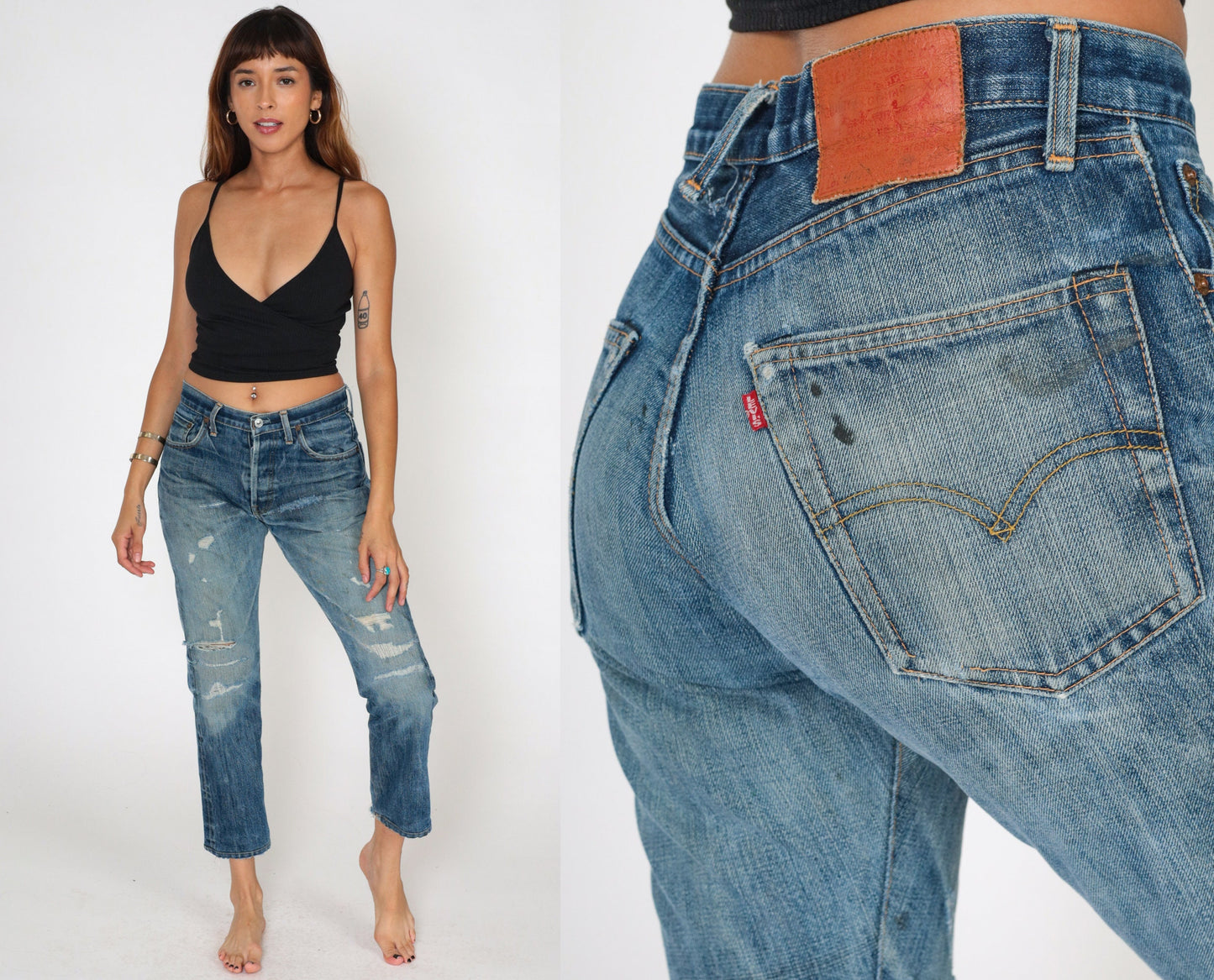 90s Levis Big E Selvedge Jeans Distressed Ripped Denim Men's 29/30