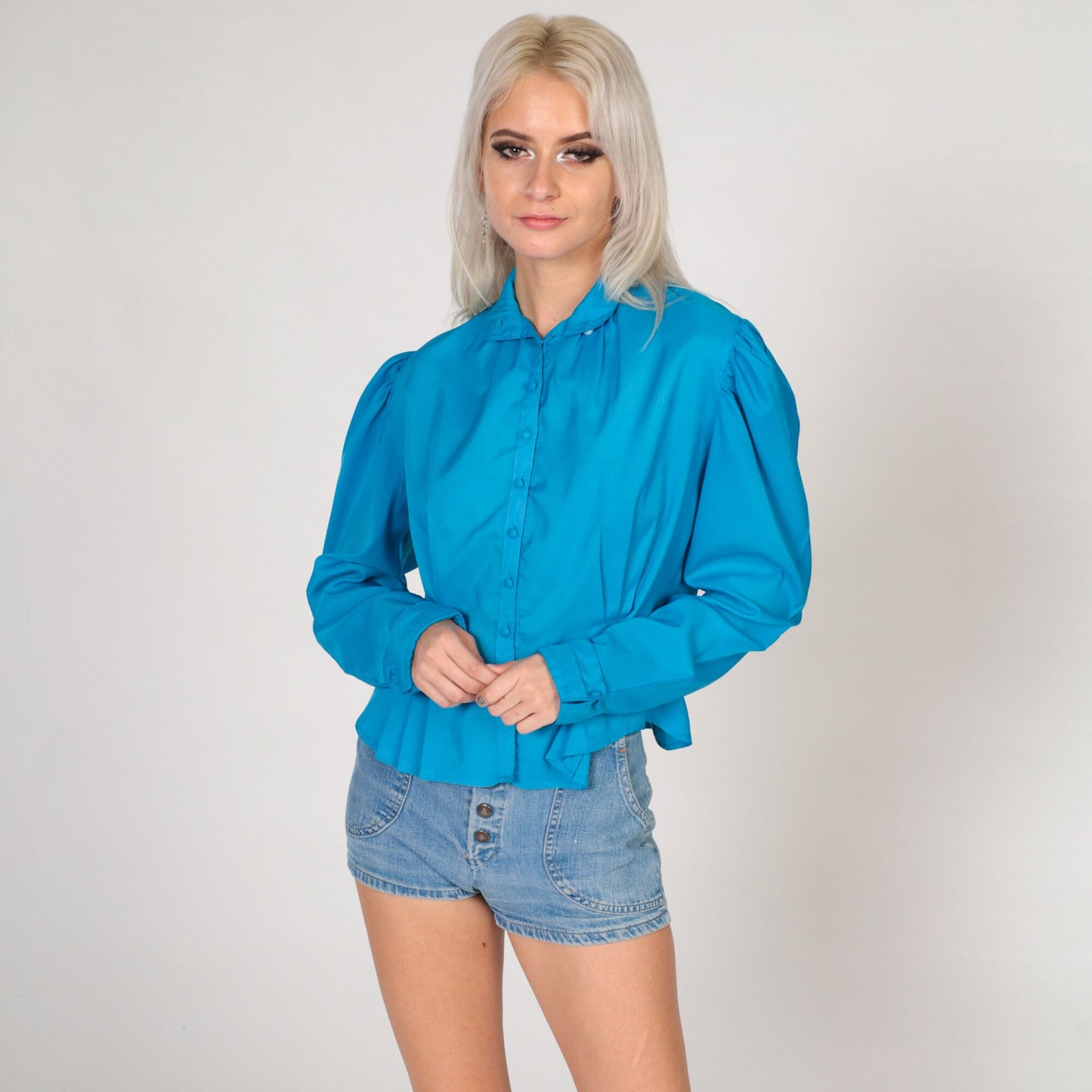 80s Blue Puff Sleeve Button-Up Blouse Peter Pan Collar Medium