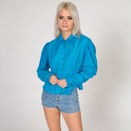 80s Blue Puff Sleeve Button-Up Blouse Peter Pan Collar Medium