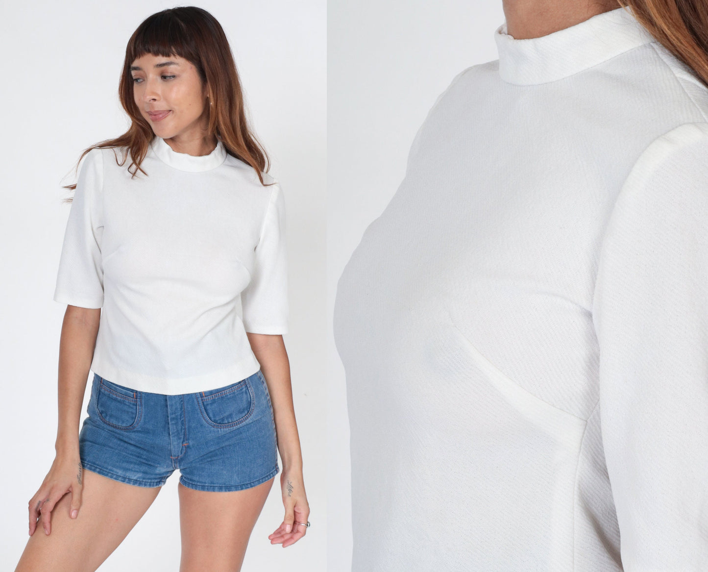 70s White Mock Neck Half-Sleeve Blouse Rear Zipper Small