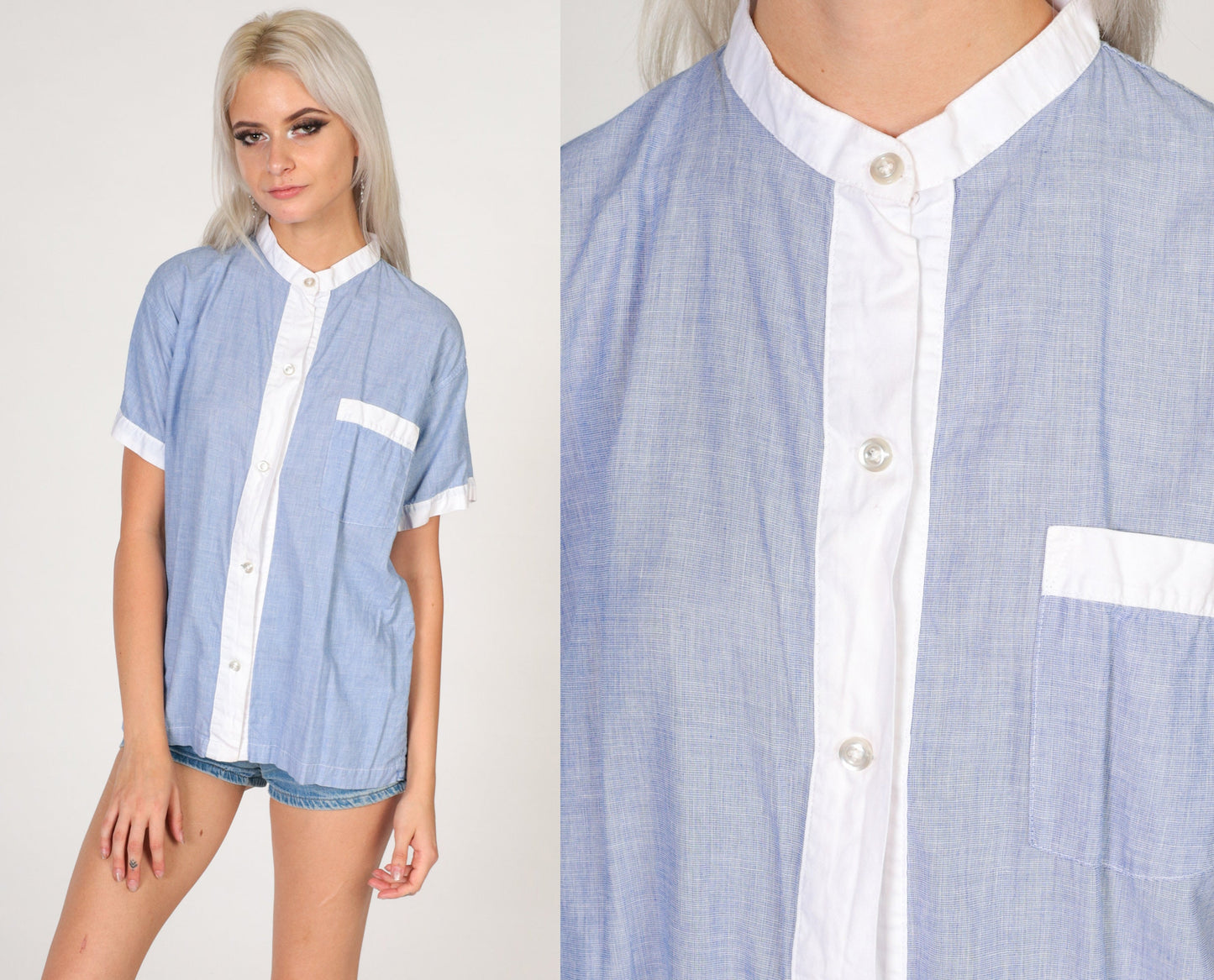 80s Brooks Brothers Heather Blue Button-Up Blouse White Trim Medium M