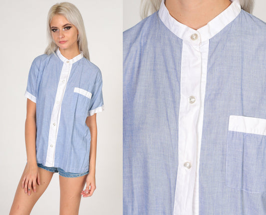 80s Brooks Brothers Heather Blue Button-Up Blouse White Trim Medium M