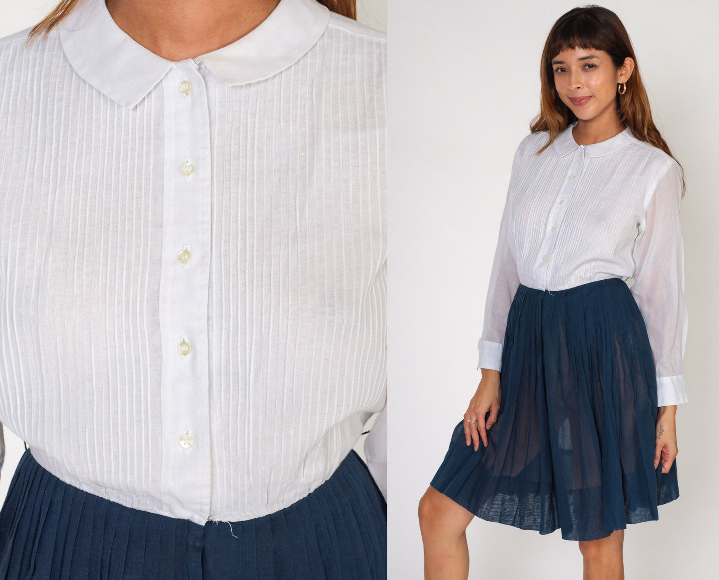 60s White Navy Shirtwaist Mini Dress Pointed Collar Long Sleeve Small