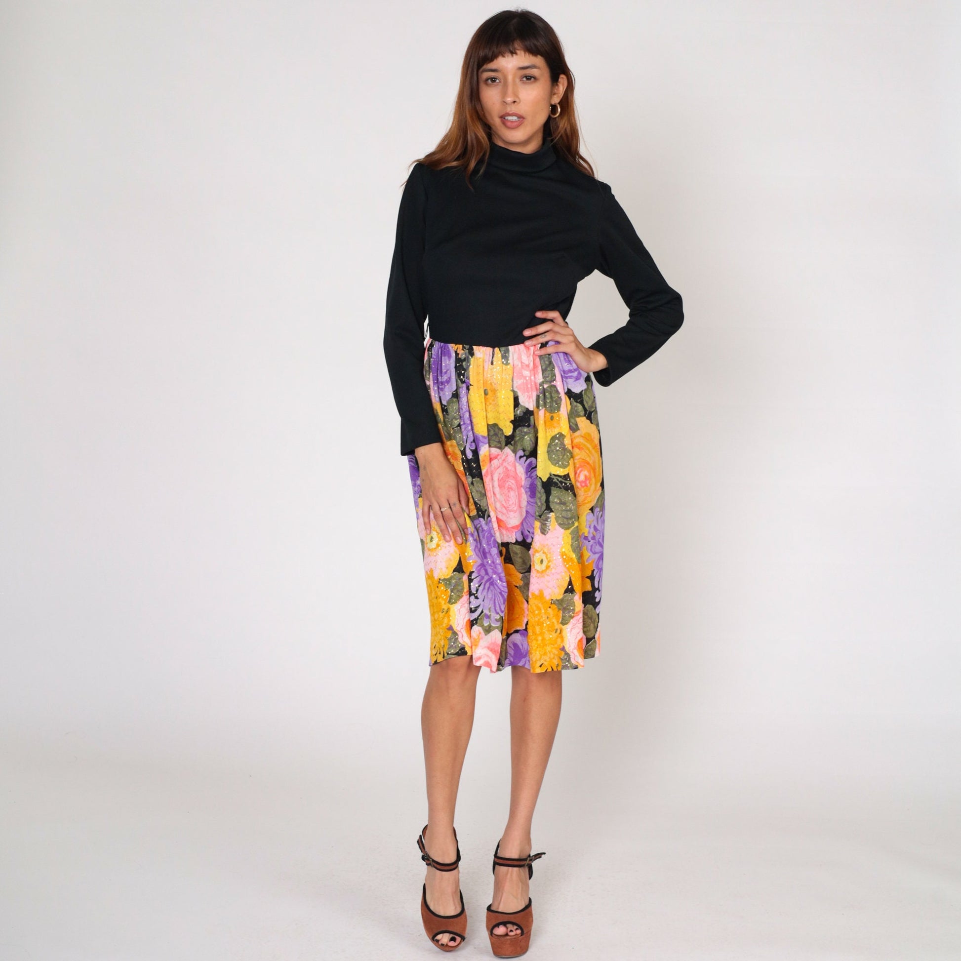 70s Metallic Floral Midi Dress Black Turtleneck Long Sleeve High Waisted Medium