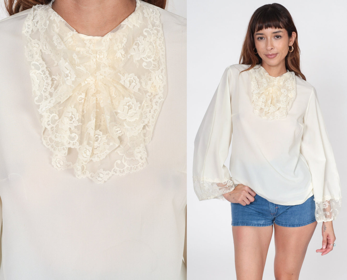 70s Off-White Lace Ruffle Tuxedo Blouse Button Back Long Sleeve Small
