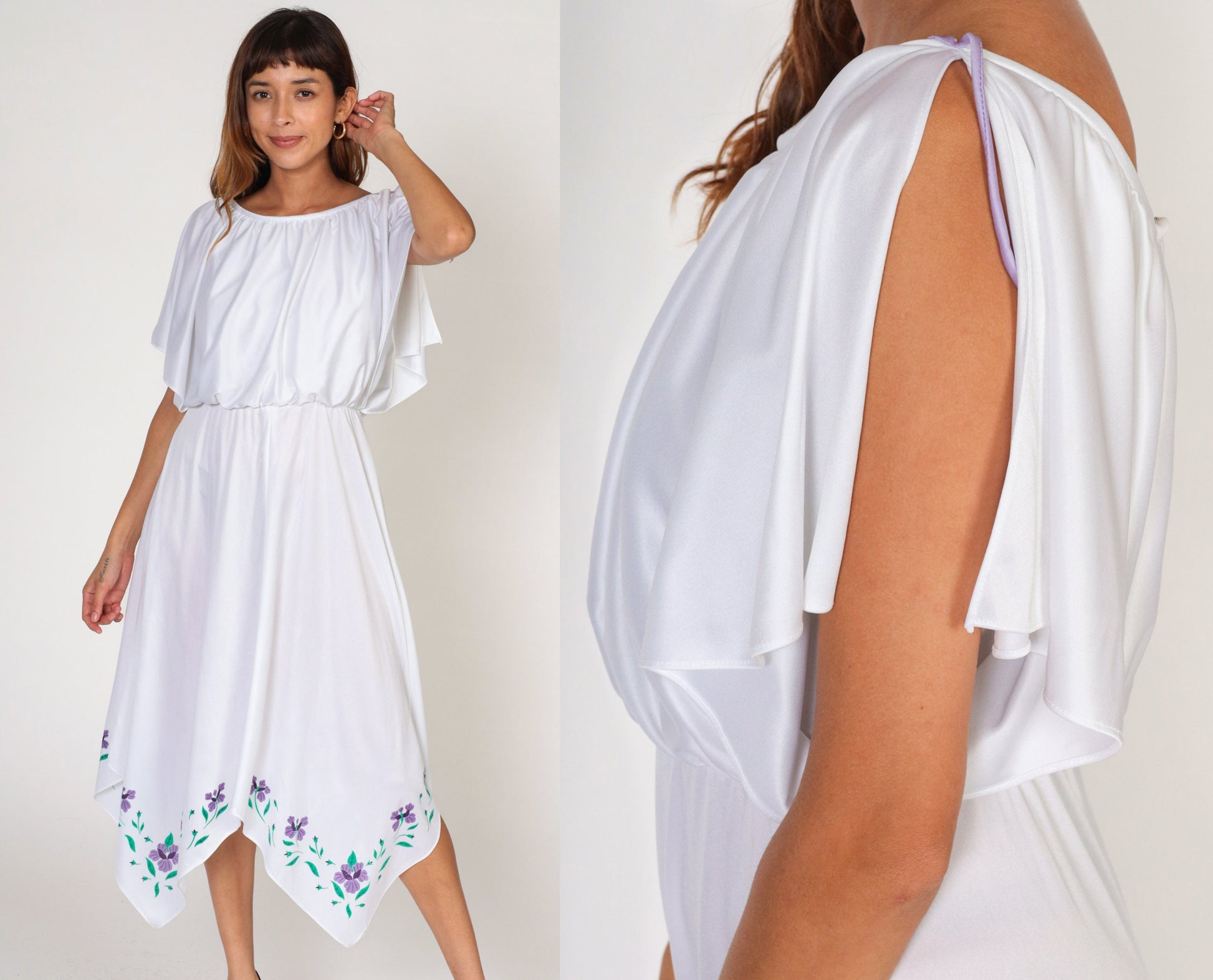 70s White Grecian Midi Dress Painted Floral Hanky Hem Flutter Sleeve Small