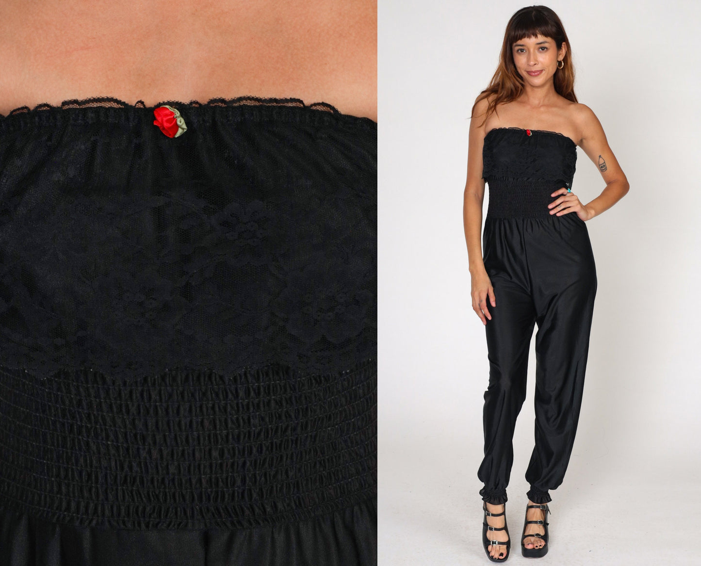 80s Black Nylon Lingerie Jumpsuit Strapless Smocked Lace High Waist Extra Small