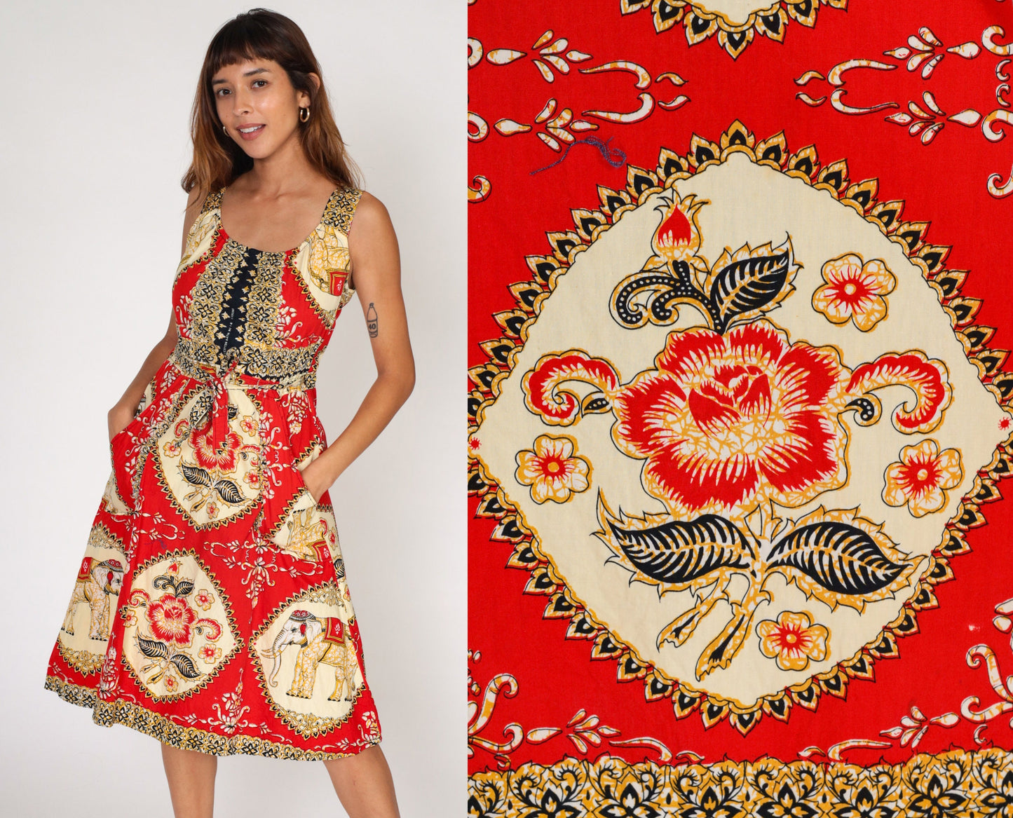 Y2K Red Batik Floral Elephant Midi Wrap Dress Cotton Sleeveless Pockets Medium Large