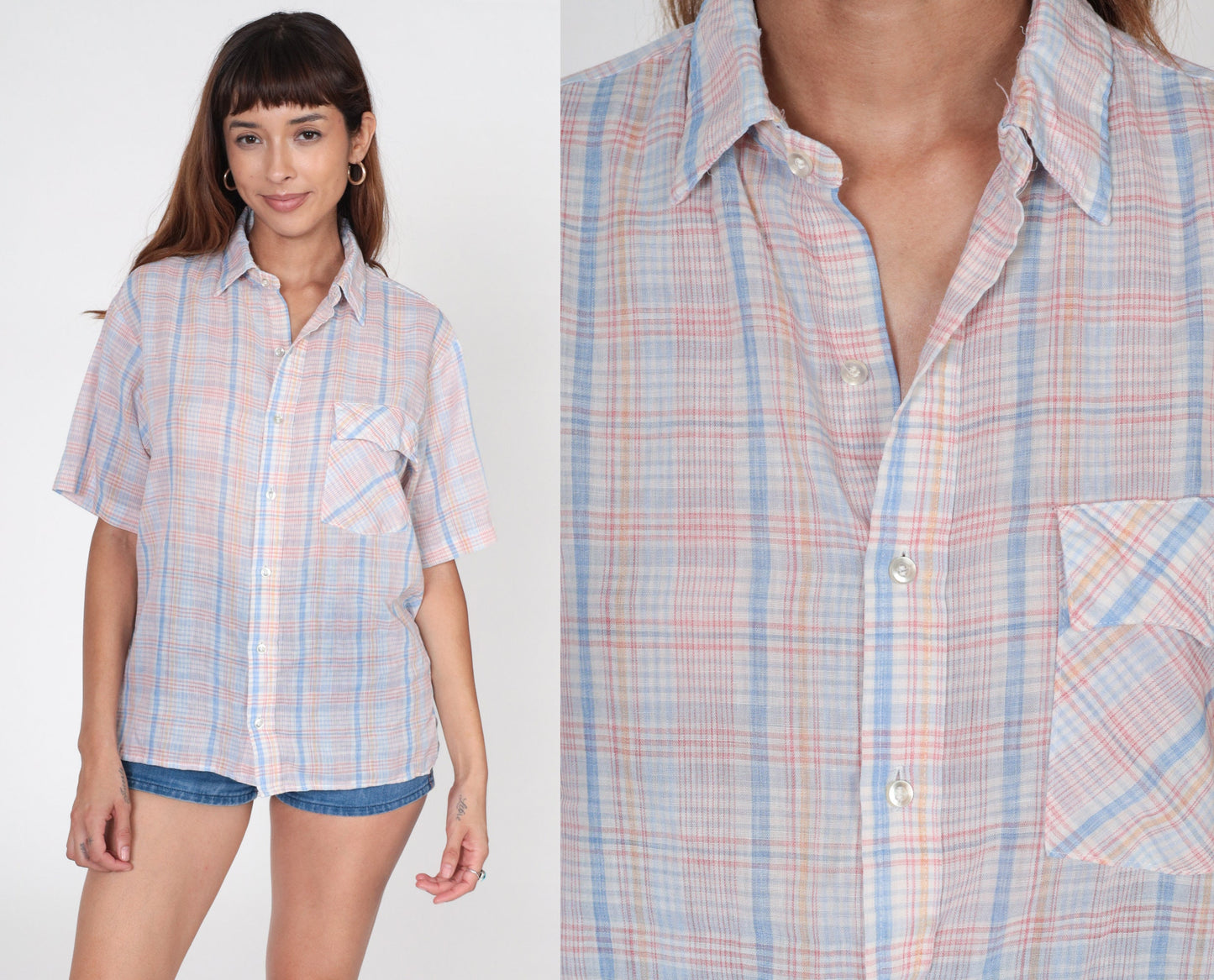 80s Plaid Button-Up Shirt Pink White Blue Checkered Short Sleeve Men's Medium