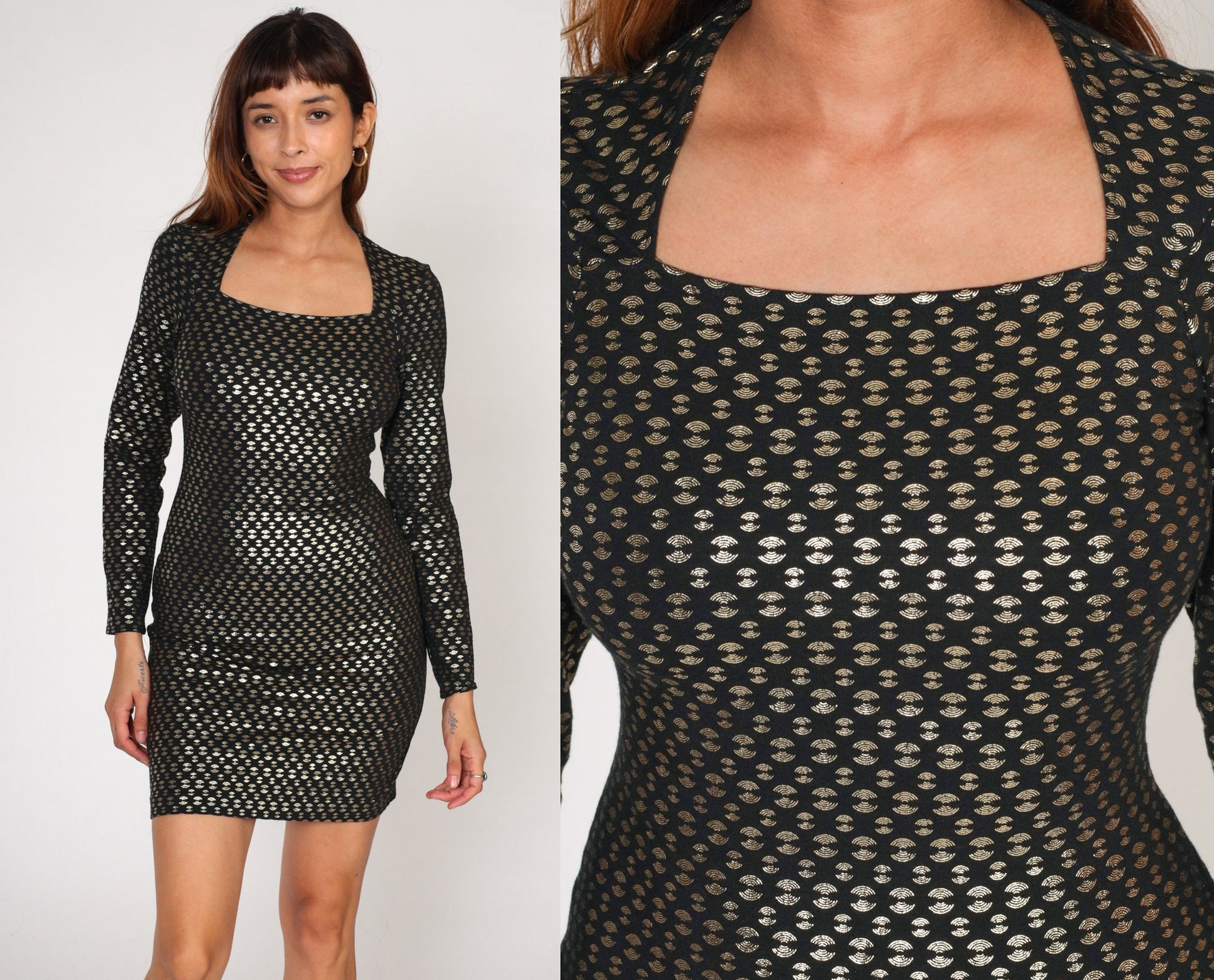 90s Omo Norma Kamali Black Mini Dress Gold Geometric Metallic Bodycon Small