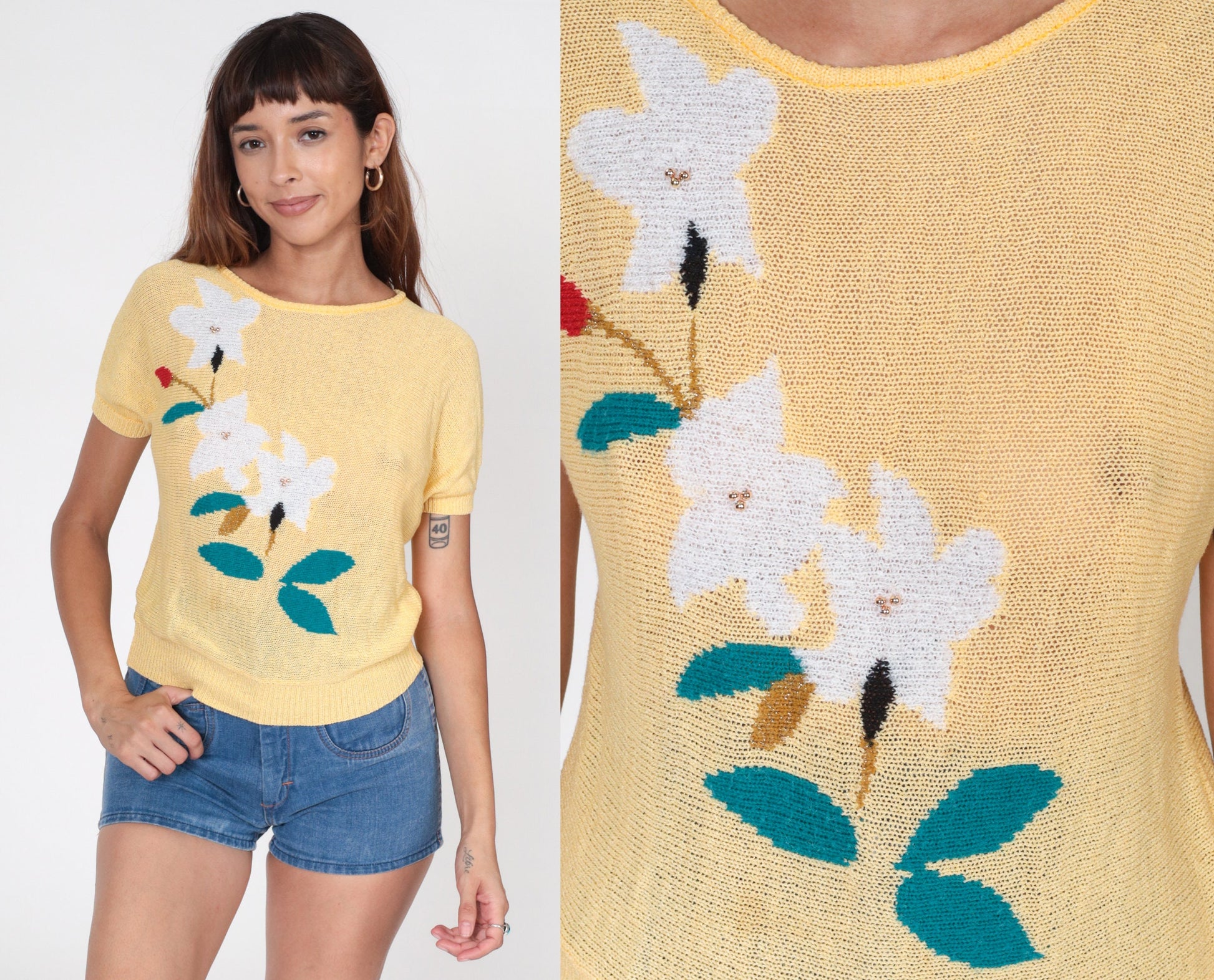 80s Beaded Floral Yellow Knit Top Short Sleeve Slouchy Blouse Extra Small XS