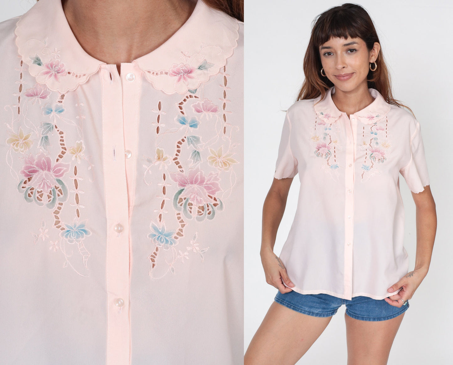 80s Baby Pink Embroidered Floral Blouse Peter Pan Collar Cutout Small