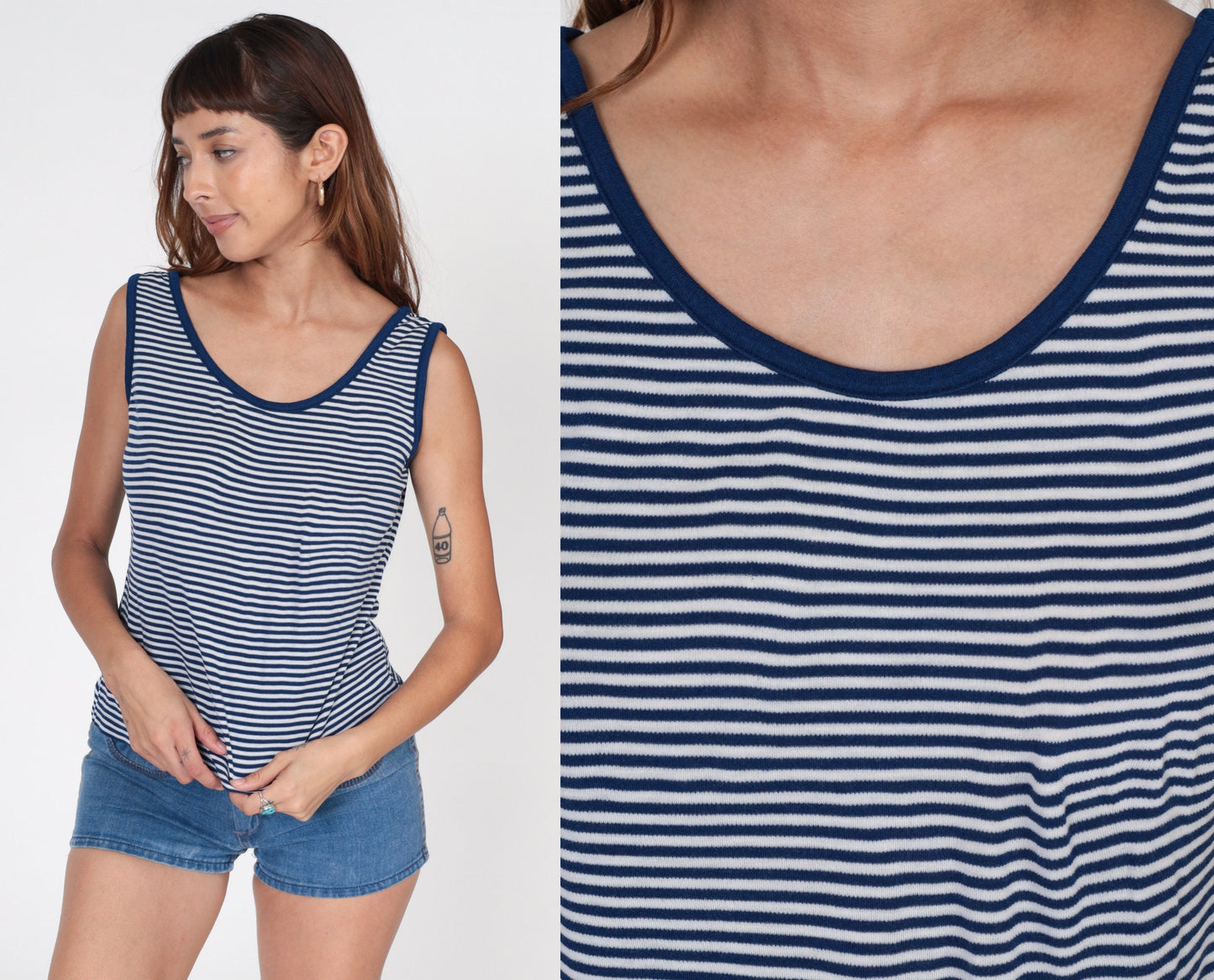 80s Intercontinental Knits Striped Tank Top Navy White Ringer Large