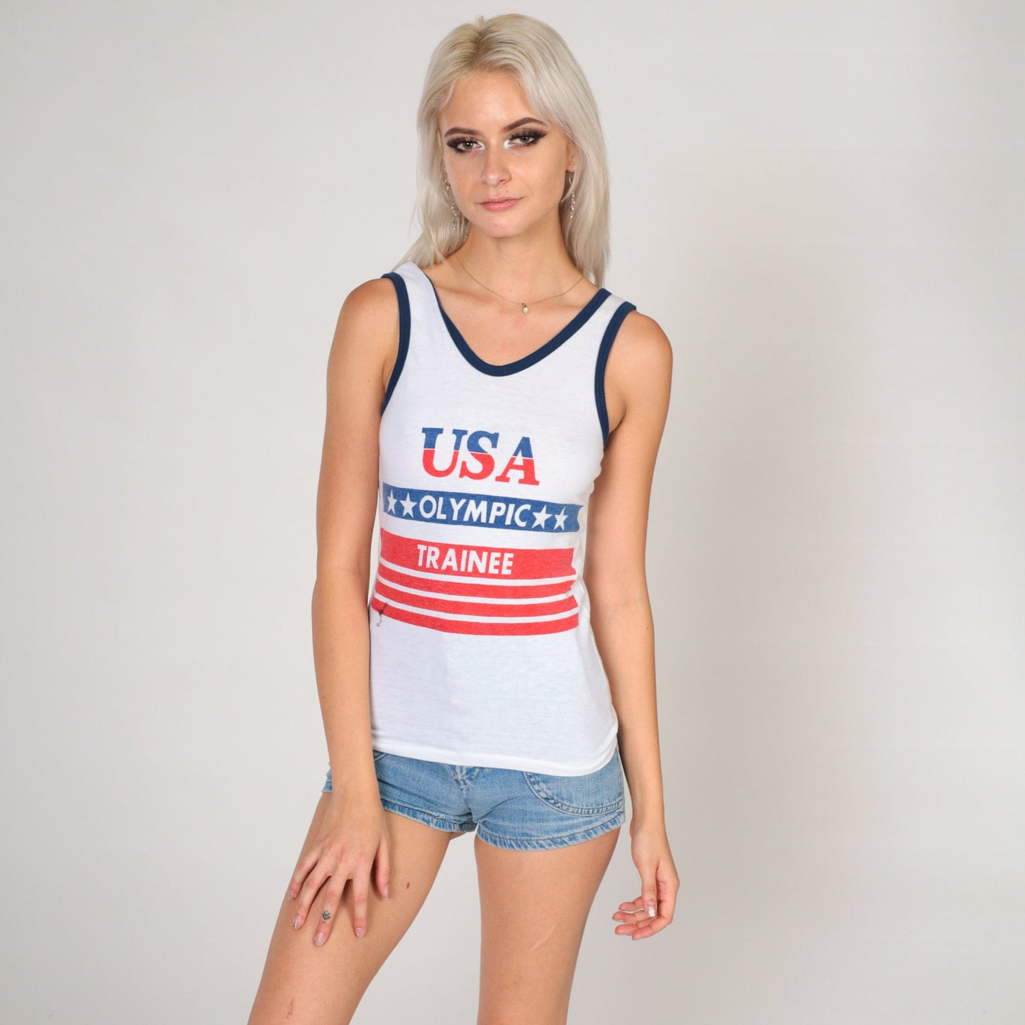 80s USA American Flag Ringer Tank Top White Graphic Single Stitch Extra Small