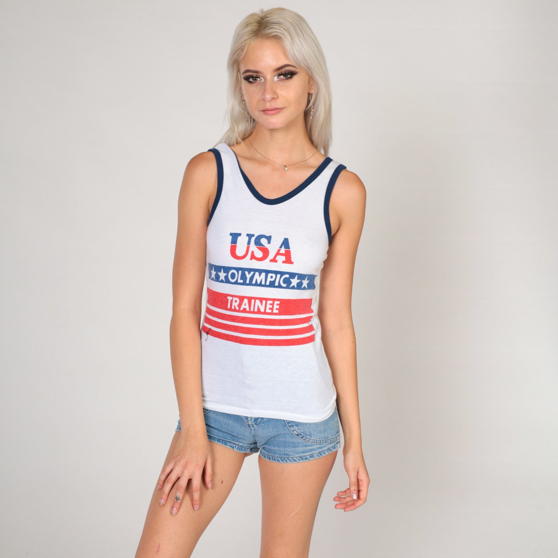 80s USA American Flag Ringer Tank Top White Graphic Single Stitch Extra Small