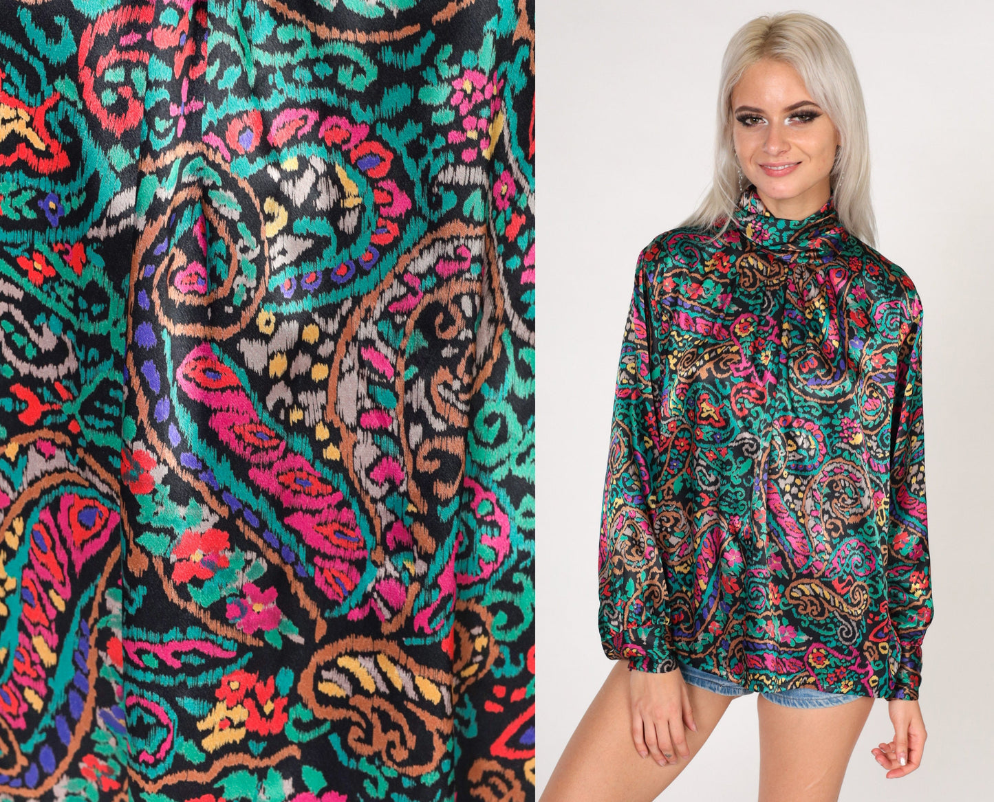 80s Paisley Floral Blouse Black Satin Mock Neck Long Sleeve Small S