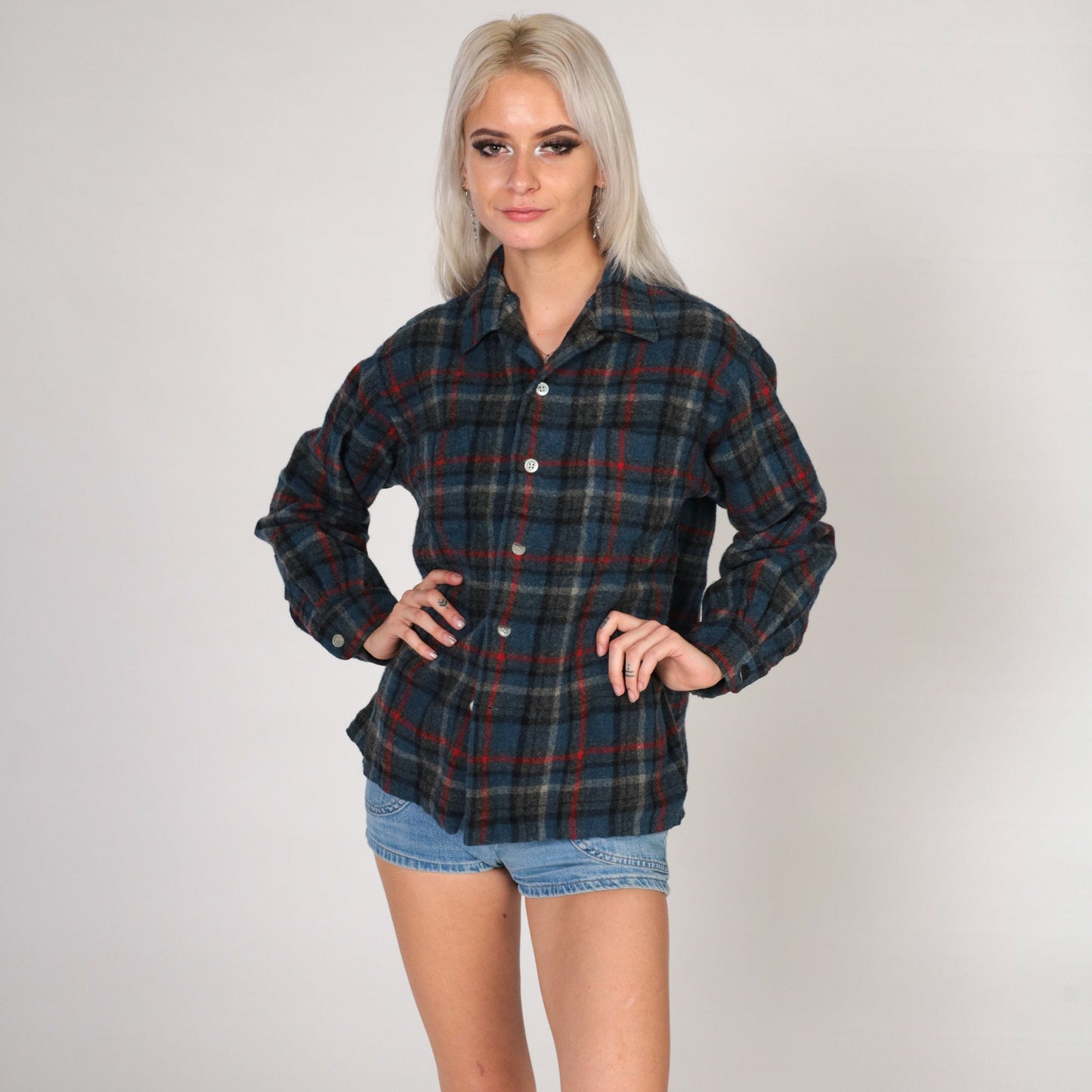 70s Brent Wool Blend Plaid Button-Up Shirt Grey Blue Large