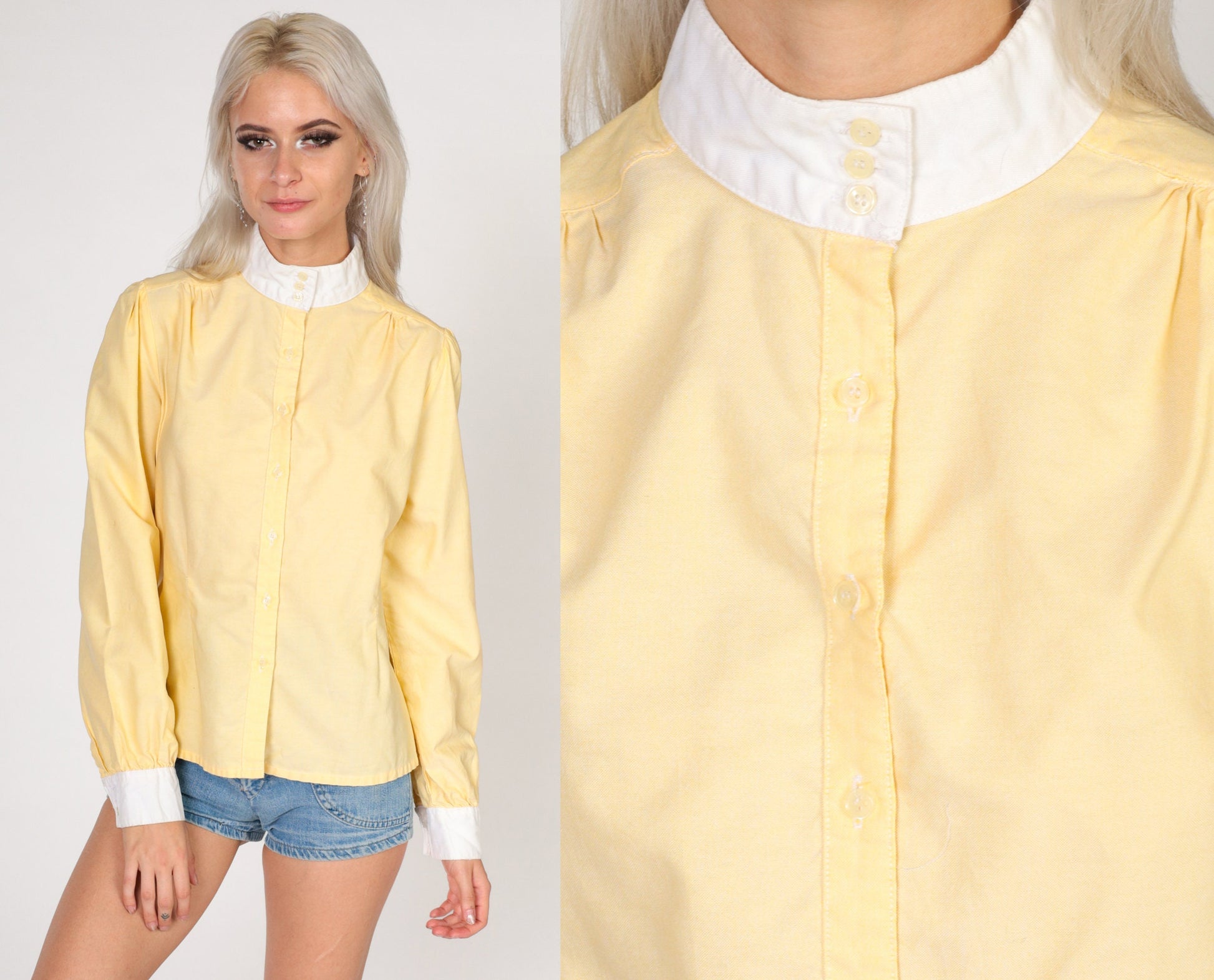 80s Yellow Puff Sleeve Blouse White Mock Neck Button Up Small