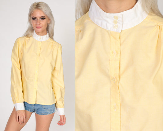 80s Yellow Puff Sleeve Blouse White Mock Neck Button Up Small
