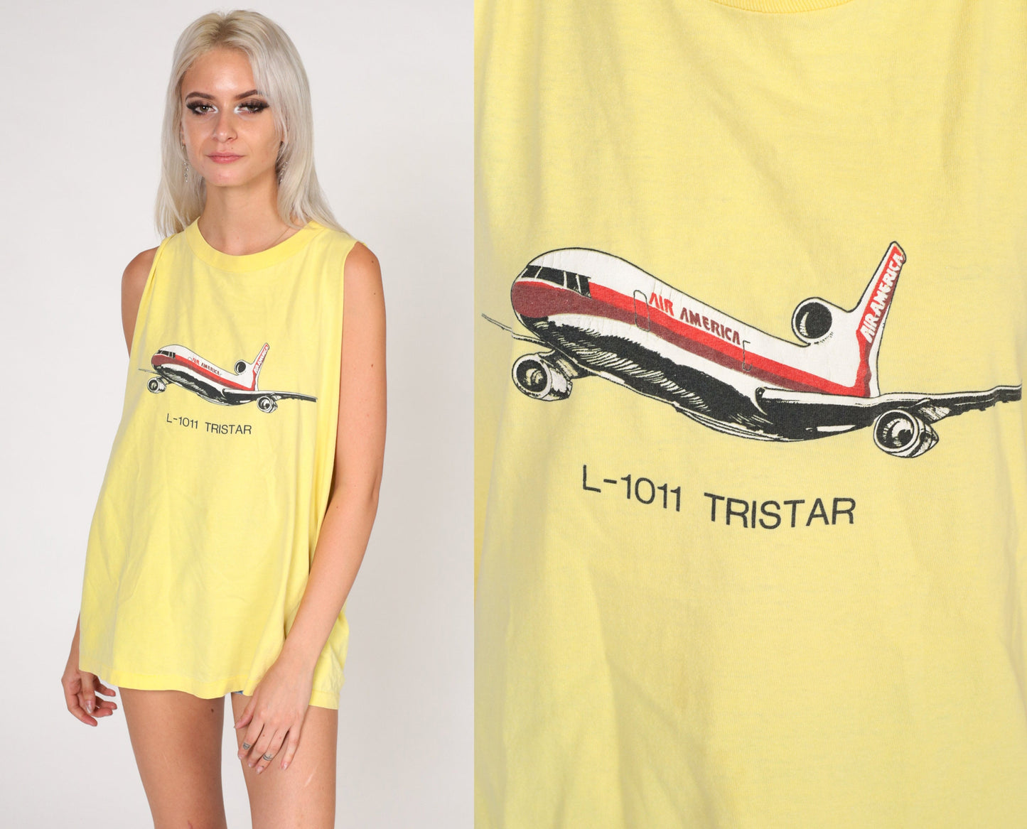 90s L-1011 TriStar Airplane Graphic Muscle Tank Yellow Medium Large