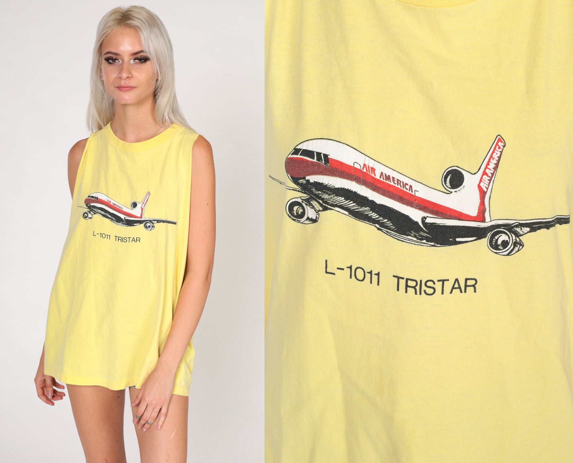 90s L-1011 TriStar Airplane Graphic Muscle Tank Yellow Medium Large