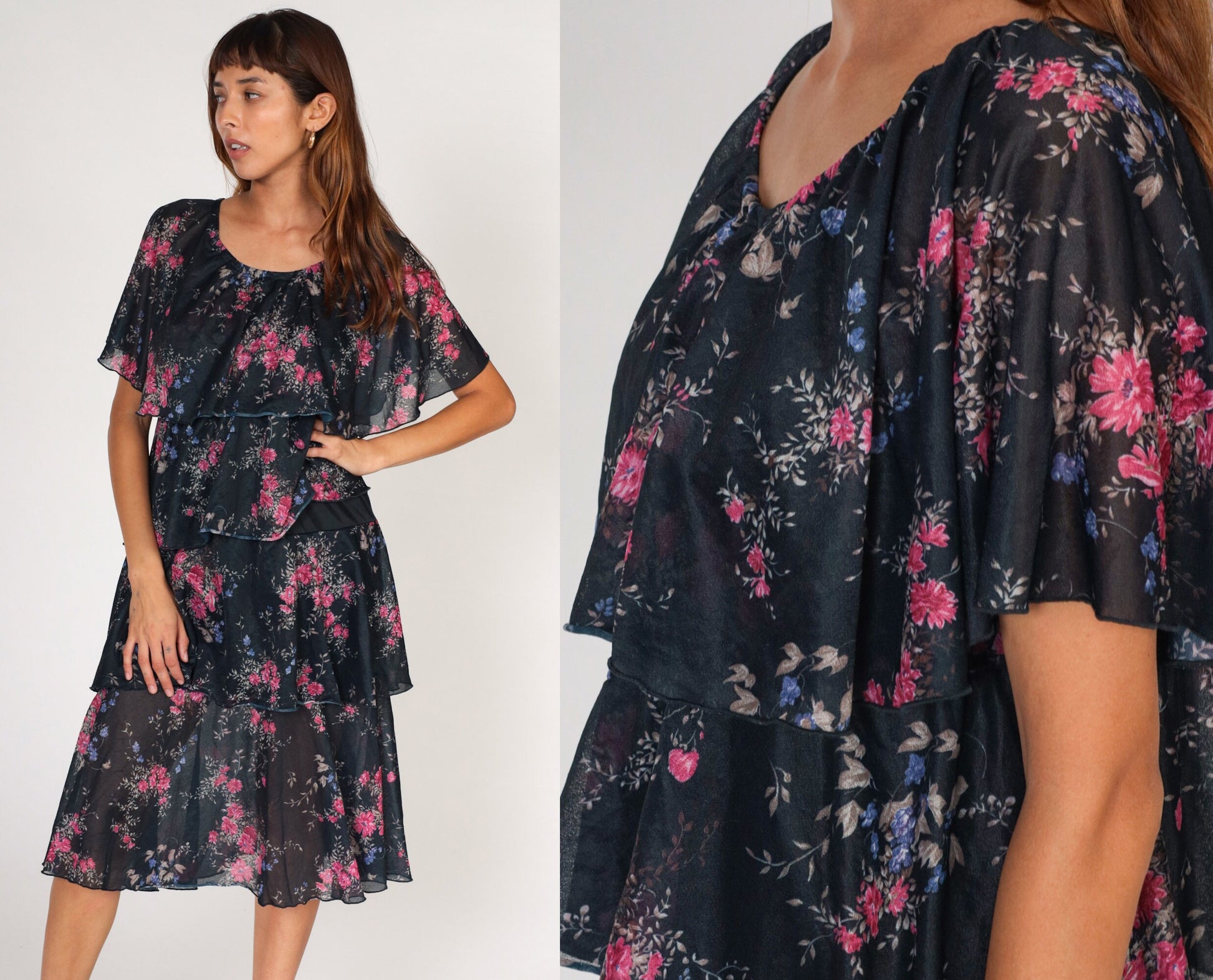 70s Black Floral Tiered Midi Dress Cape Flutter Sleeve Medium Large
