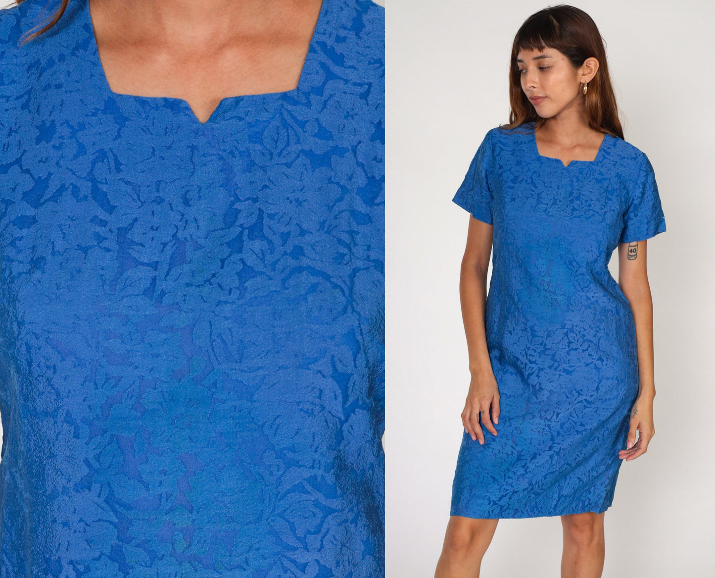 60s Blue Embossed Floral Shift Mini Dress Short Sleeve Small