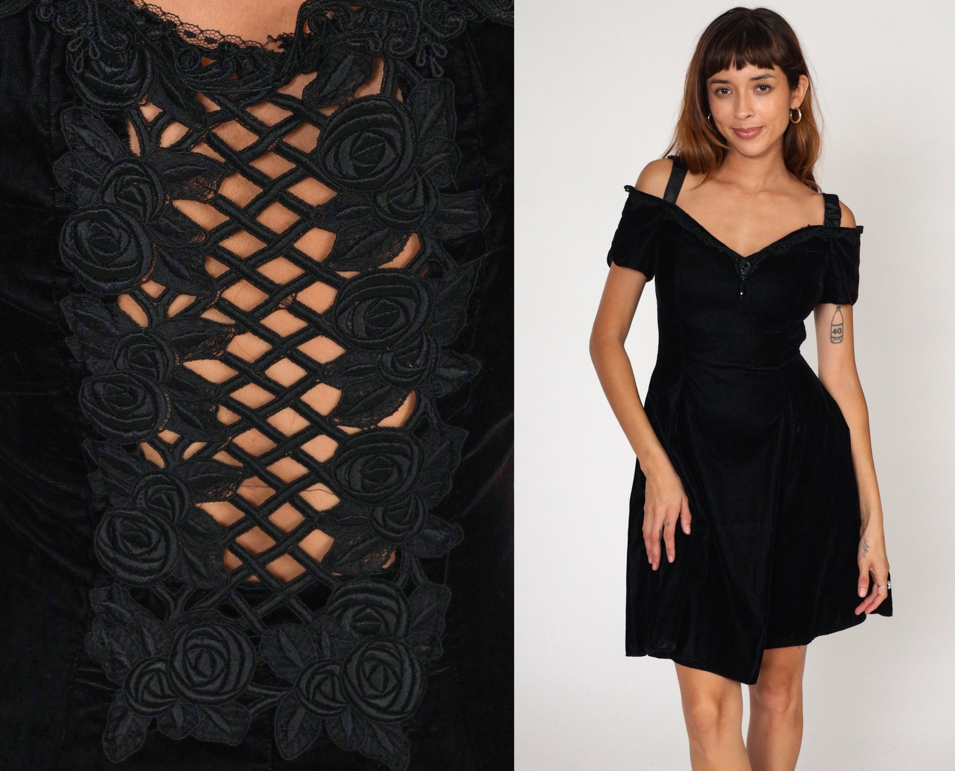 90s Scott McClintock Black Velvet Mini Dress Off-Shoulder Cutout Small