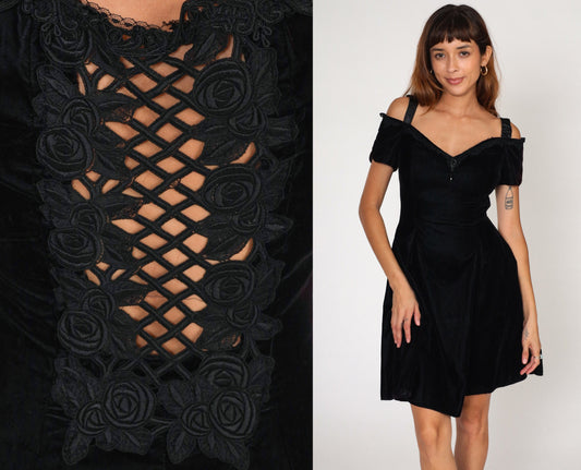 90s Scott McClintock Black Velvet Mini Dress Off-Shoulder Cutout Small