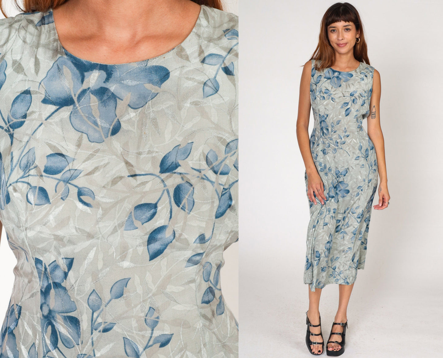 00s Fashion Bug Floral Midi Dress Grey Blue Embossed Leaf Sleeveless Medium 10